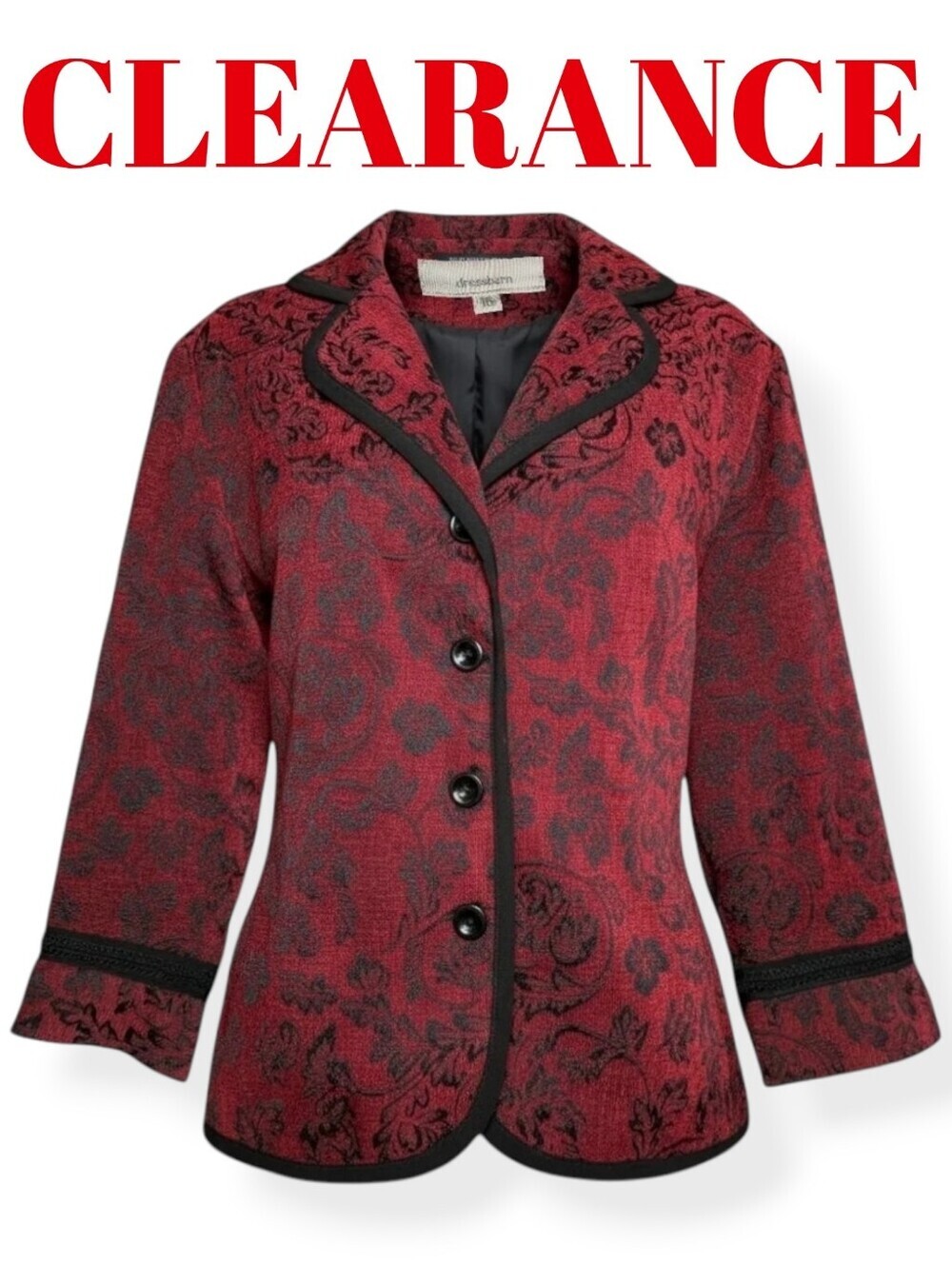 Dressbarn Red Black Vintage Floral Jacquard Textured Blazer Elegant Boho Jacket